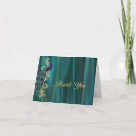 Elegantes Aquamarines Satin und Pfauenhochzeit Vie Dankeskarte