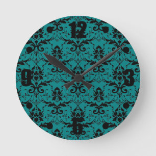 Elegantes, Aquamarines Schwarzes Damaskasmuster Runde Wanduhr