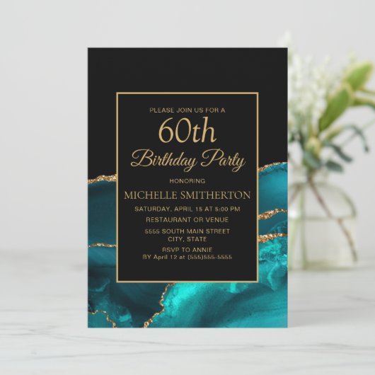 Elegantes Aquamarines Schwarzes Marmor Gold 60. Einladung (Stehend Vorderseite)