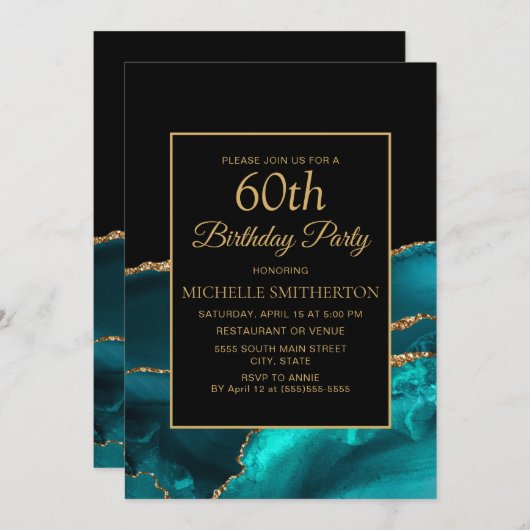 Elegantes Aquamarines Schwarzes Marmor Gold 60. Einladung (Vorne/Hinten)