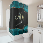Elegantes Aquamarines Schwarzes Monogramm Duschvorhang (Beispiel)