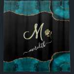 Elegantes Aquamarines Schwarzes Monogramm Duschvorhang<br><div class="desc">Das ist ein einzigartiger Duschvorhang wegen der zwei Color Monogram - sehen Sie genau hin und Sie werden das Detail sehen, das bleibt, wenn Sie personalisieren. Elegantes Schwarz hebt das aquamarine / Türkis und Gold, die Rose und den Namen auf diesem Duschvorhang hervor, der eine besondere Touch zu einem Bad...</div>