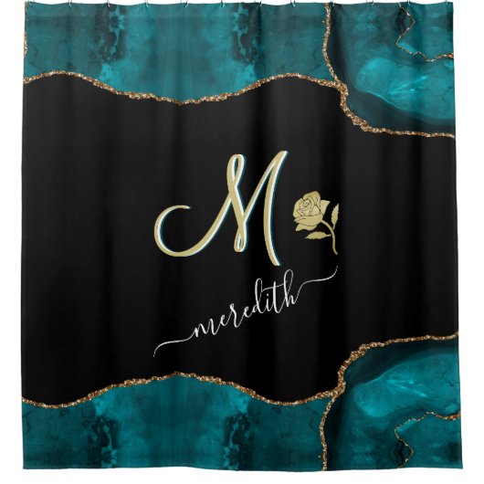 Elegantes Aquamarines Schwarzes Monogramm Duschvorhang (Vorderseite)