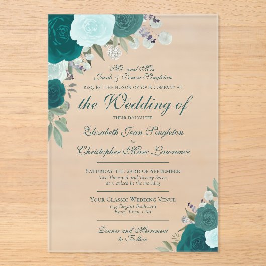 Elegantes Aquamarines Türkis & Aqua Rose Feierlich Acryleinladungen (Vorderseite)