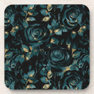 Elegantes Aquamarines und Gold Rose Blumenmuster Getränkeuntersetzer