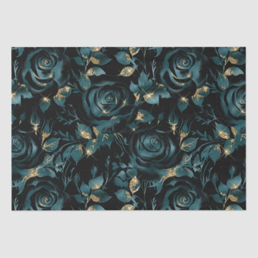 Elegantes Aquamarines und Gold Rose Blumenmuster Seidenpapier (Vorderseite)