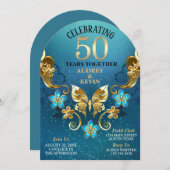 Elegantes Aquamarines und goldenes 50-jähriges Hoc Einladung (Vorne/Hinten)