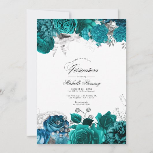 Elegantes Aquamarines und silberfarbenes Quinceñer Einladung (Vorderseite)