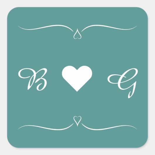 Elegantes Aquamarines Wedding Heart Monogram Lette Quadratischer Aufkleber (Vorderseite)