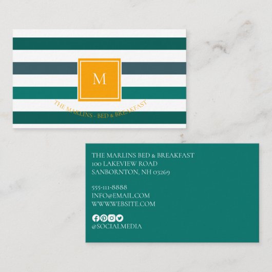 Elegantes Aquamarines Weißstreifen-Monogramm Visitenkarte (Vorne/Hinten)