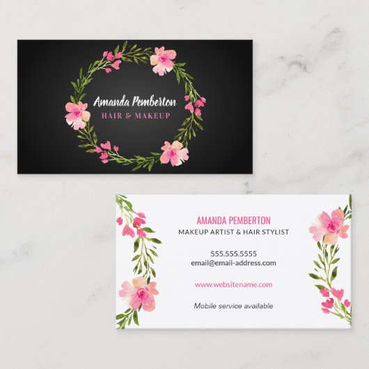 Elegantes Aquarell-BlumenKranz Visitenkarte (Vorne/Hinten)