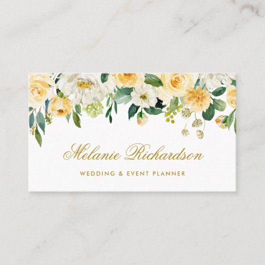 Elegantes Aquarell-gelbes Goldweißes grünes Blumen Visitenkarte (Vorderseite)
