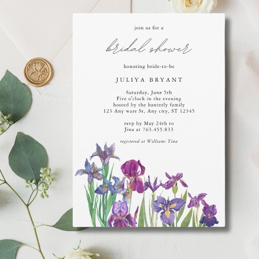 Elegantes Aquarell Iris Blume Brautparty Einladung