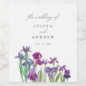 Elegantes Aquarell Iris Blume Hochzeit Weinetikett (Einzelnes Label)