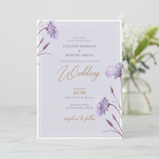 Elegantes Aquarell lila und goldfarbenes Boho Einladung (Stehend Vorderseite)