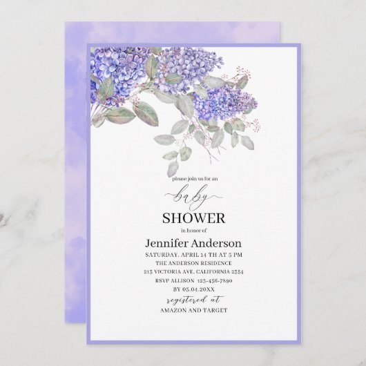 Elegantes Aquarell Lilac Blume Kinderdusche Einladung (Vorne/Hinten)