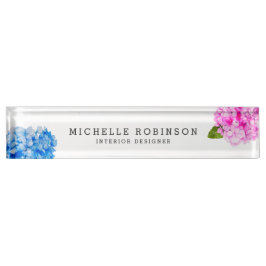 Elegantes Aquarell-Rosa-blaues Blumen Namensplakette