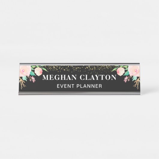 Elegantes Aquarell-Rosa-Blumenschwarzes Schreibtischnamensplakette (Vorderseite )
