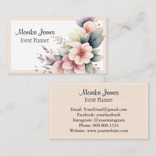 Elegantes Aquarell Rosa und Blütenblau Visitenkarte (Vorne/Hinten)