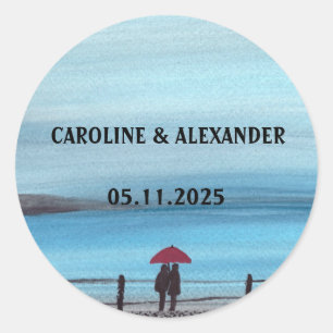 Elegantes Aquarell-Rotes-Regenschirm-Paar-Hochzeit Runder Aufkleber