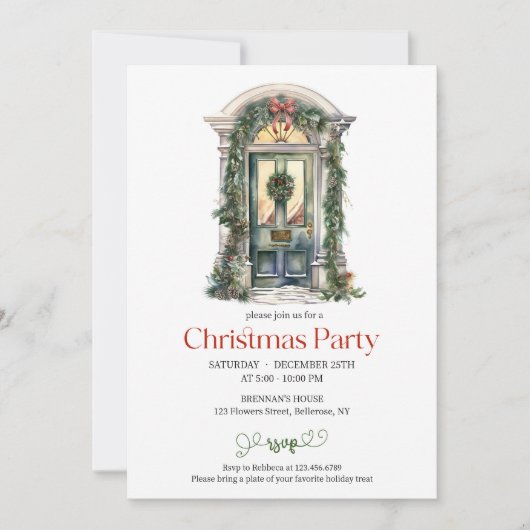 Elegantes Aquarell rustikale grüne Weihnachtsstür Einladung (Vorderseite)