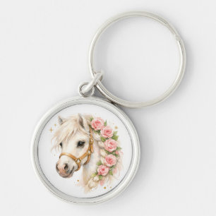 Elegantes Aquarell Weißes Pferd mit Rose‑B Schlüsselanhänger