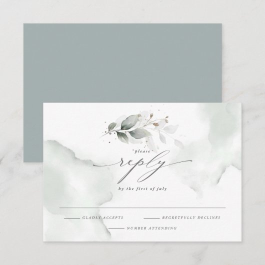 Elegantes Aquarellblatt Dusty Green RSVP Karte (Vorne/Hinten)