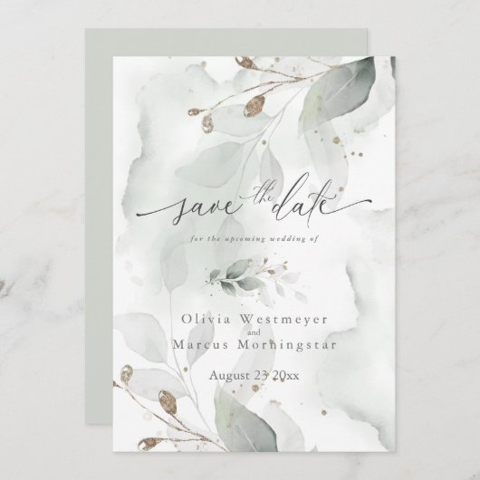Elegantes Aquarellblatt Save the Date Einladung (Vorne/Hinten)