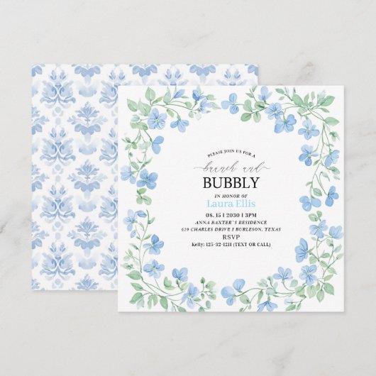 Elegantes Aquarellblau Blumen Brunch und Bubbl Einladung (Vorne/Hinten)
