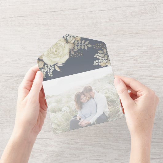 Elegantes Aquarellfarben-Blumenvogel QR-Foto All In One Einladung (Eröffnung)