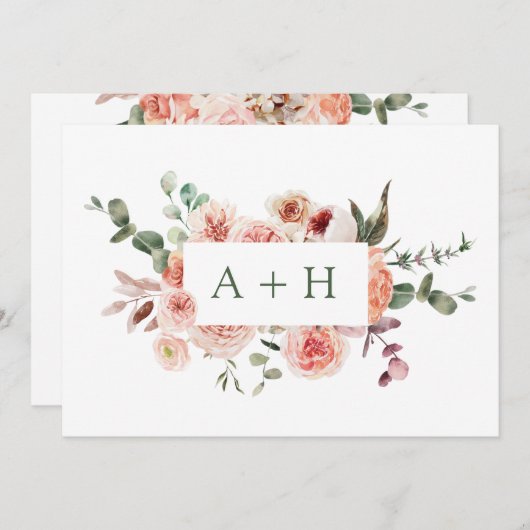 Elegantes Aquarellfarbenrosa Rosenmonogramm Dankeskarte (Vorne/Hinten)