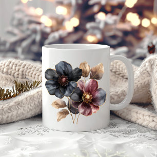 Elegantes Aquarellgold Schwarz-Bordeaux-Blume Kaffeetasse