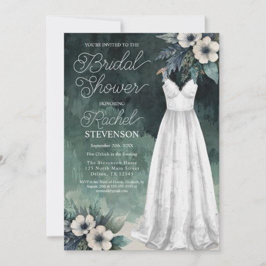 Elegantes Aquarellkleid & Blume Brautparty Einladung (Vorderseite)