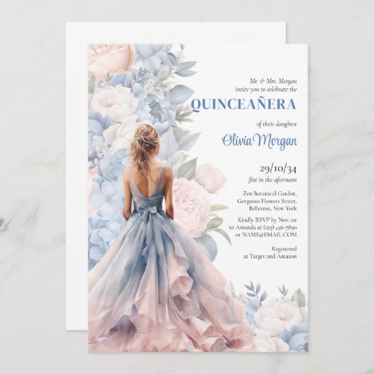 Elegantes Aquarellkleid in Rosa und Blau Einladung (Vorne/Hinten)