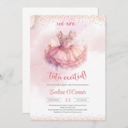 Elegantes Aquarellkleid in Rosa und Gold Tutu Einladung (Vorne/Hinten)