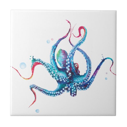 Elegantes Aquarellon Octopus Keramik Tile Fliese (Vorderseite)