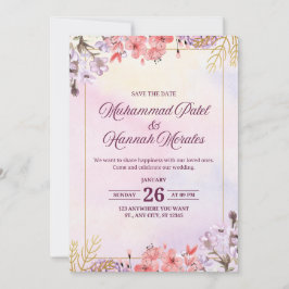 Elegantes Aquarellpinke und Lila Hochzeitsinvit Einladung