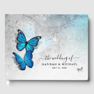 Elegantes Aquarellsilber und Blauer Schmetterling Gästebuch