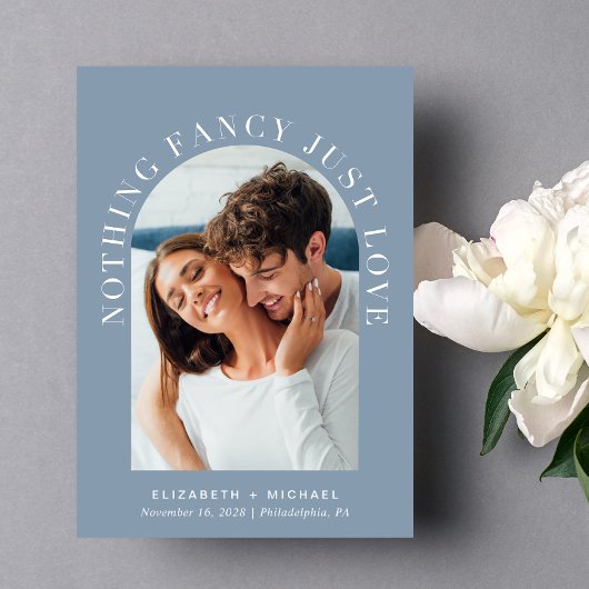 Elegantes Arch Foto Dusty Blue Lässig Wedding Einladung