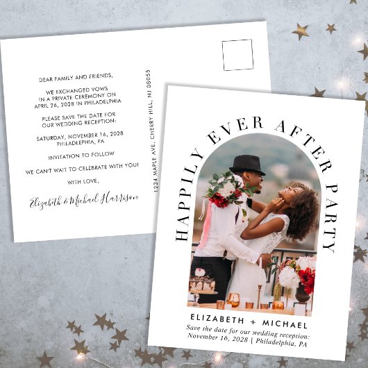 Elegantes Arch Foto Hochzeitsempfang Save the Date Ankündigungspostkarte