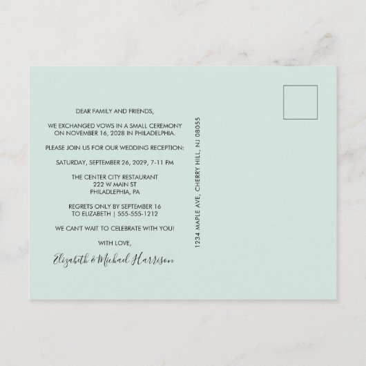 Elegantes Arch Foto Mint Wedding Reception einlade Ankündigungspostkarte (Rückseite)