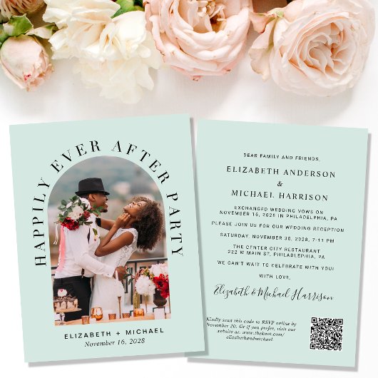 Elegantes Arch Foto QR Code Mint Hochzeitsempfang Einladung