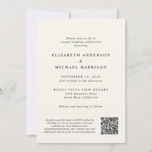 Elegantes Arch Foto QR Cream Lässige Hochzeit Einladung (Rückseite)