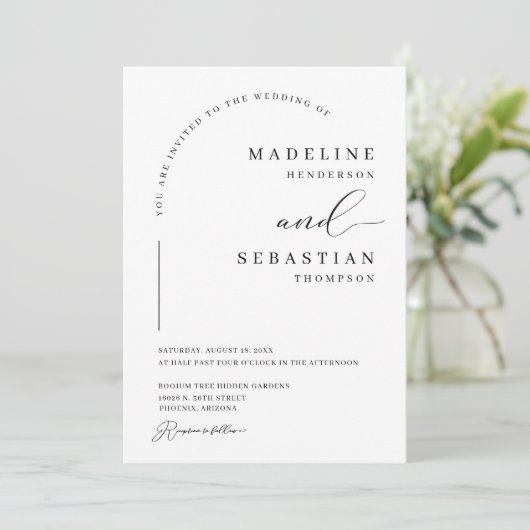 Elegantes Arch Modernes Minimal-Hochzeitsstichtal  Einladung (Stehend Vorderseite)