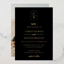 Elegantes Arch Monogram Foto Gold Folieneinladung