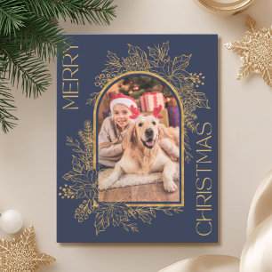 Elegantes Arched Navy Blue Gold Foto Feiertagskarte