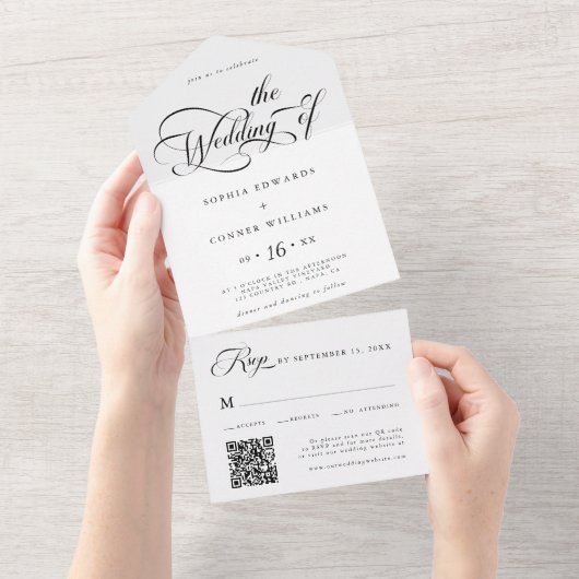 Elegantes Armskript Wedding Black & White All In One Einladung (Abreißen)