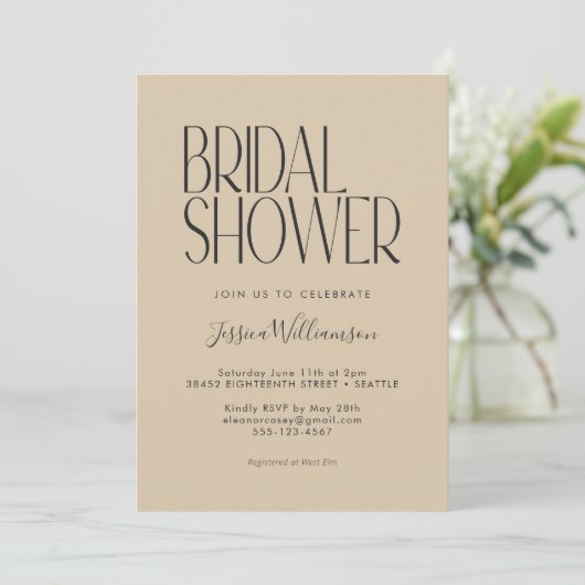 Elegantes Art Déco Beige Schwarzer Text Brautparty Einladung (Stehend Vorderseite)