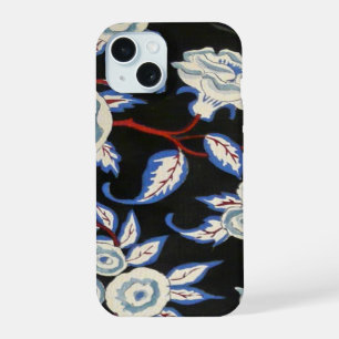 ELEGANTES ART DECO BLUMENMOTIV, BLAUE WEISSE ROSEN iPhone 15 HÜLLE