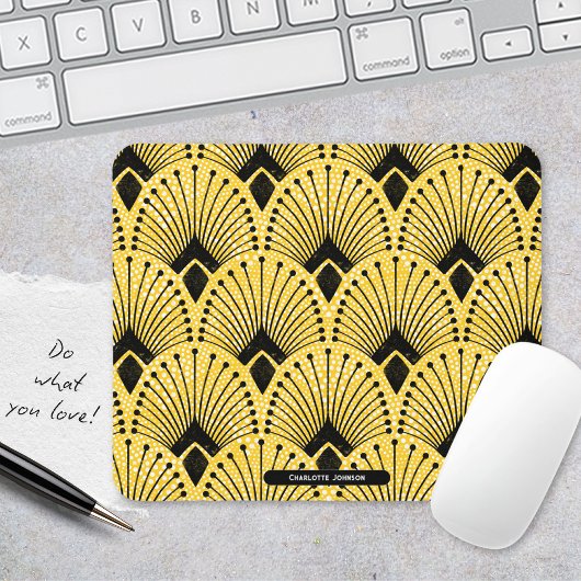 Elegantes Art Deco Gelbes, zeitloses Pfauenmuster Mousepad